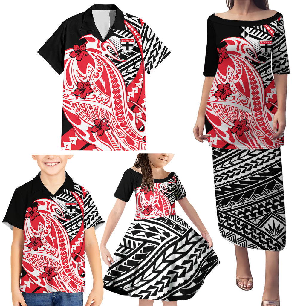 Personalized St Kilda Saints Family Matching Puletasi and Hawaiian Shirt Polynesian Tribal Saint Mascot With Hibiscus Floral Art