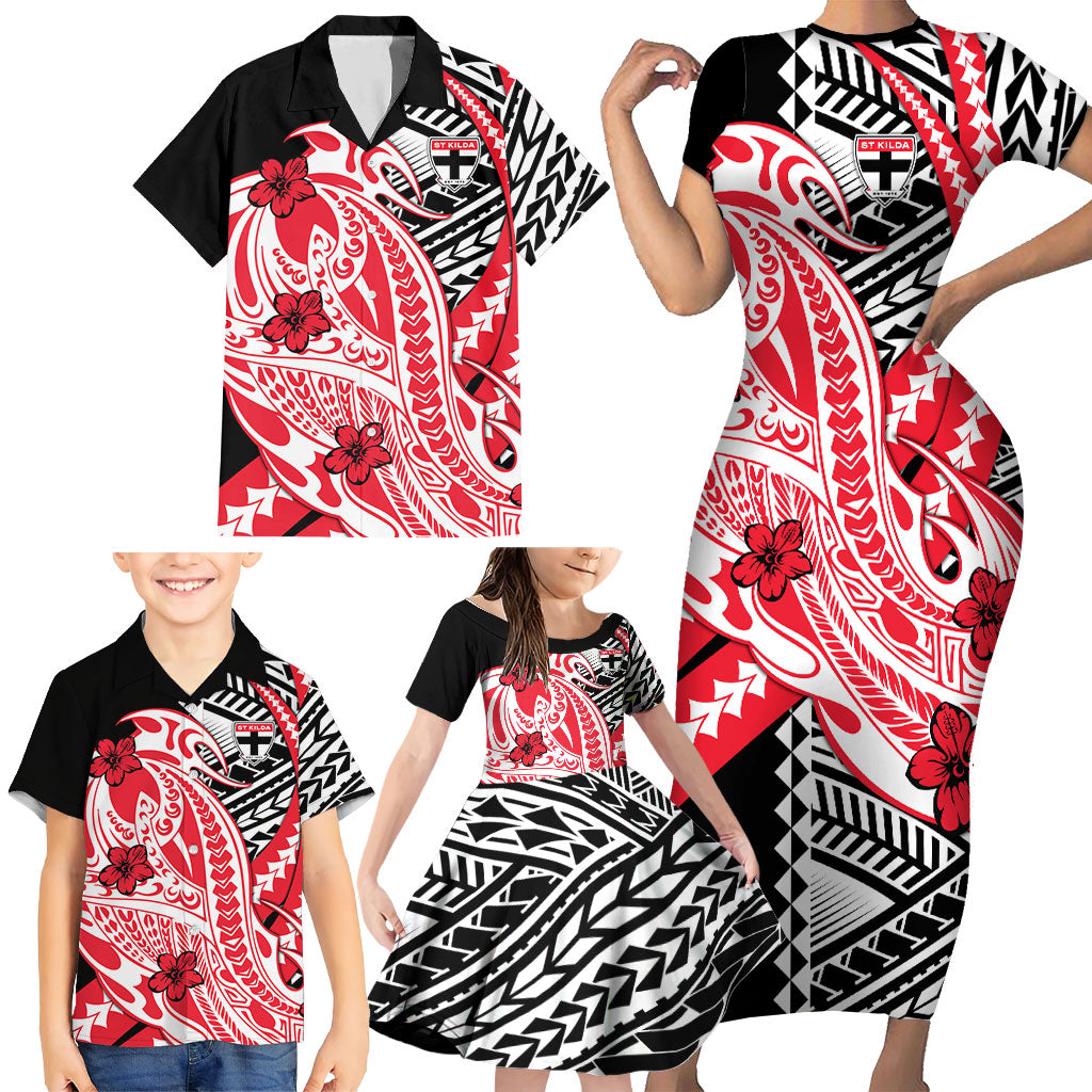 Personalized St Kilda Saints Family Matching Short Sleeve Bodycon Dress and Hawaiian Shirt Polynesian Tribal Saint Mascot With Hibiscus Floral Art