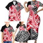 Personalized St Kilda Saints Family Matching Short Sleeve Bodycon Dress and Hawaiian Shirt Polynesian Tribal Saint Mascot With Hibiscus Floral Art