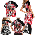 Personalized St Kilda Saints Family Matching Short Sleeve Bodycon Dress and Hawaiian Shirt Polynesian Tribal Saint Mascot With Hibiscus Floral Art