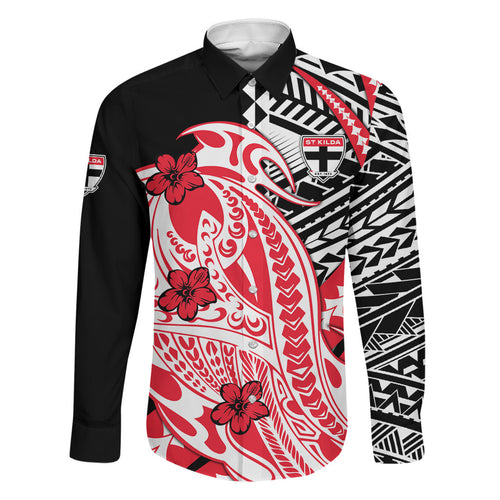 Personalized St Kilda Saints Family Matching Short Sleeve Bodycon Dress and Hawaiian Shirt Polynesian Tribal Saint Mascot With Hibiscus Floral Art