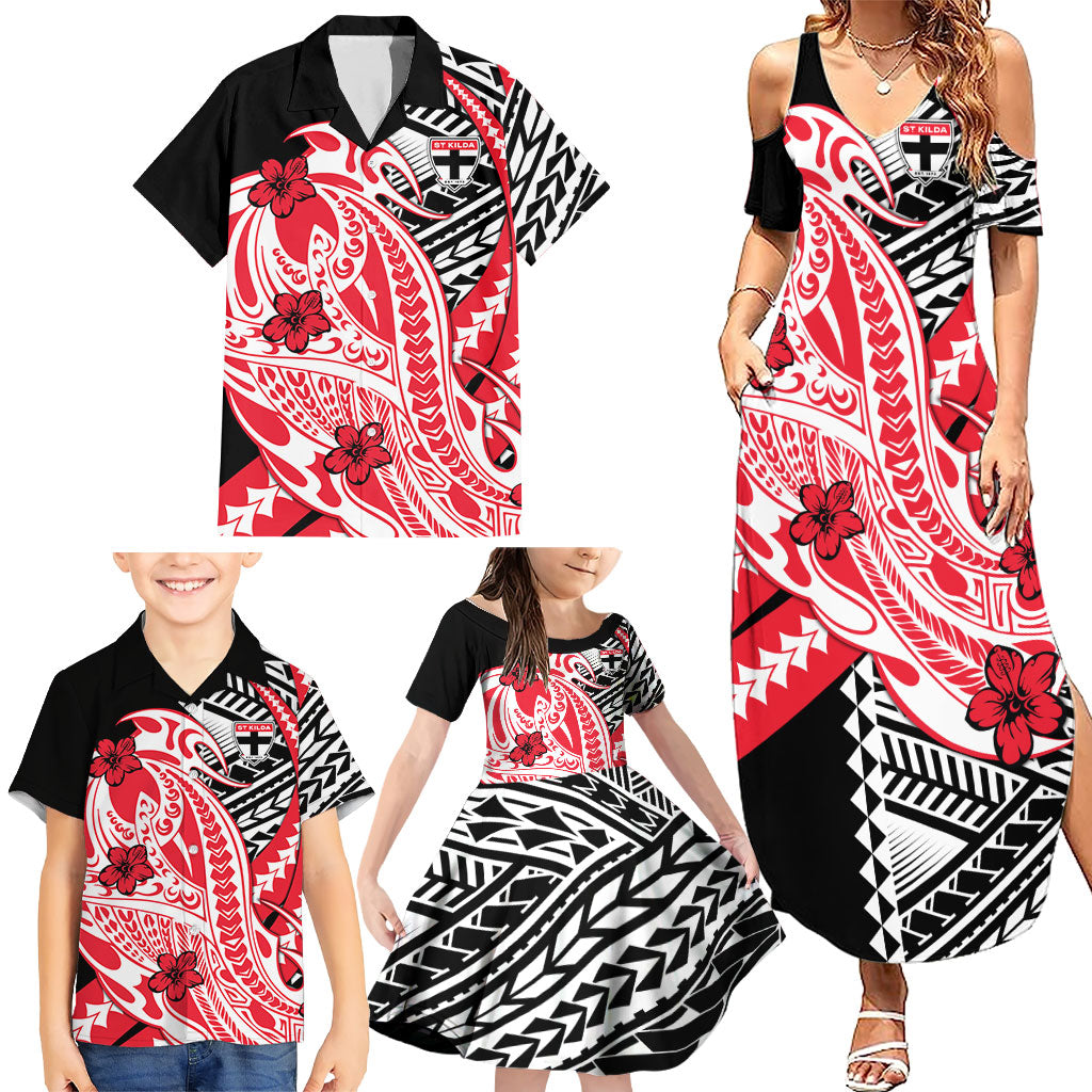 Personalized St Kilda Saints Family Matching Summer Maxi Dress and Hawaiian Shirt Polynesian Tribal Saint Mascot With Hibiscus Floral Art