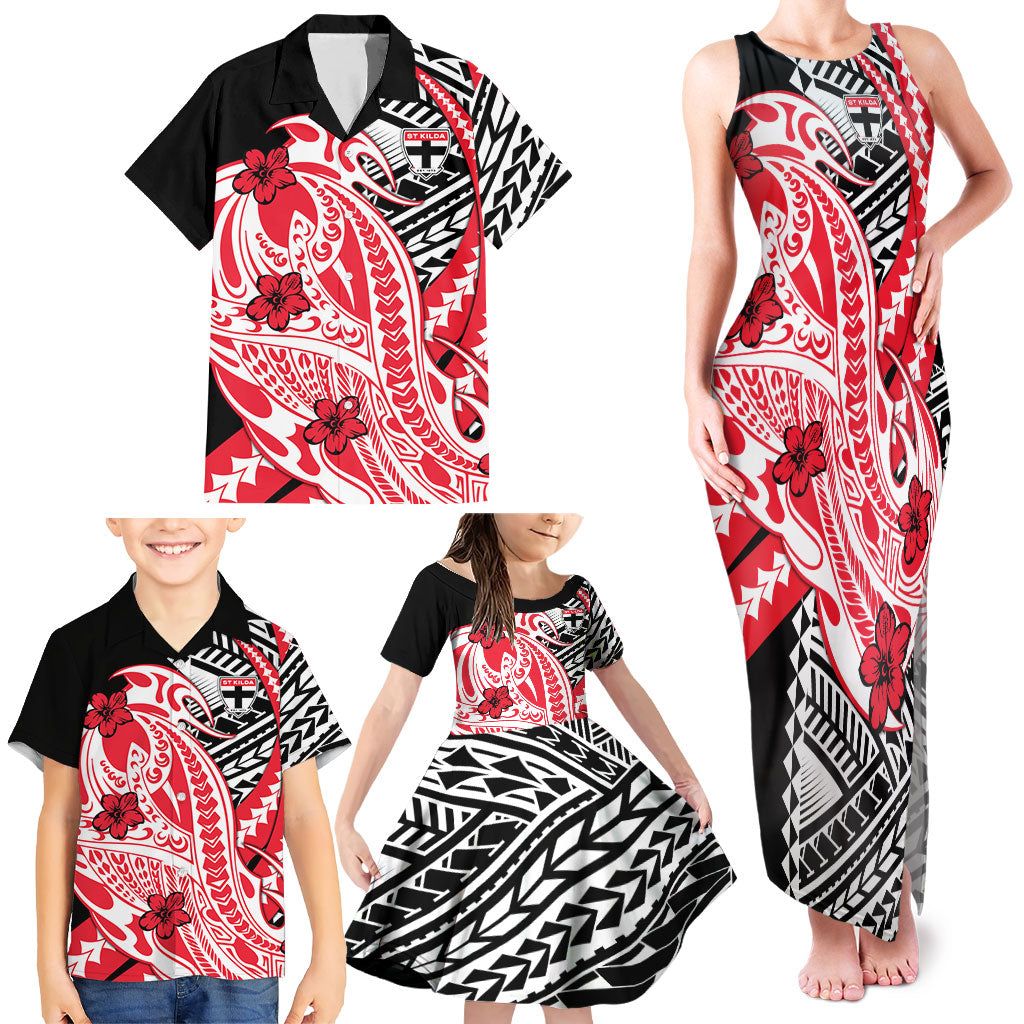 Personalized St Kilda Saints Family Matching Tank Maxi Dress and Hawaiian Shirt Polynesian Tribal Saint Mascot With Hibiscus Floral Art
