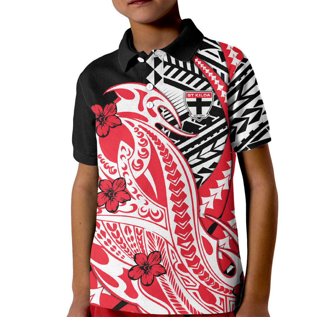 Personalized St Kilda Saints Kid Polo Shirt Polynesian Tribal Saint Mascot With Hibiscus Floral Art