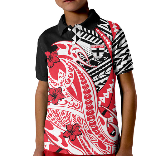 Personalized St Kilda Saints Kid Polo Shirt Polynesian Tribal Saint Mascot With Hibiscus Floral Art
