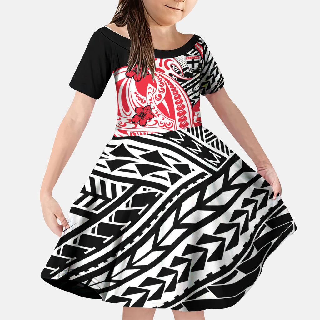 Personalized St Kilda Saints Kid Short Sleeve Dress Polynesian Tribal Saint Mascot With Hibiscus Floral Art