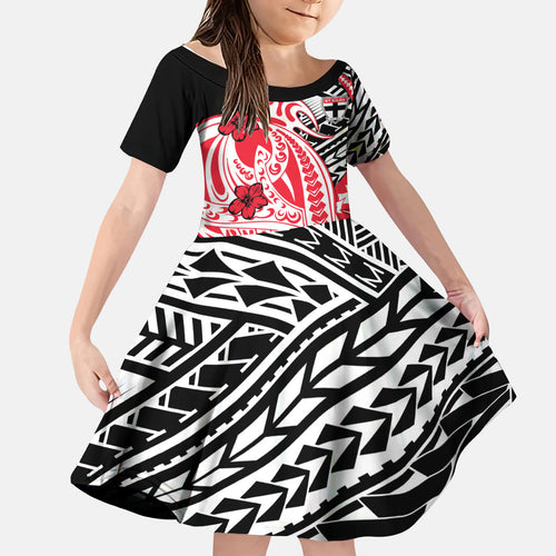 Personalized St Kilda Saints Kid Short Sleeve Dress Polynesian Tribal Saint Mascot With Hibiscus Floral Art