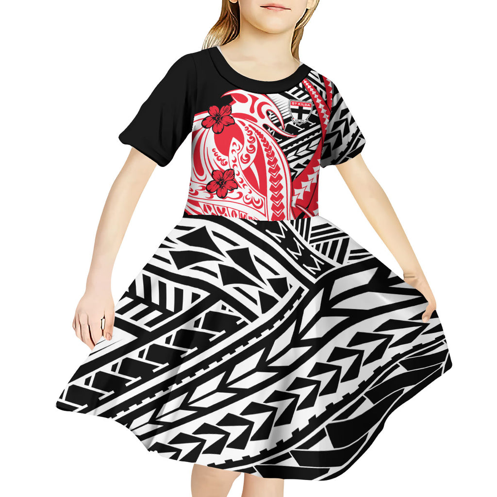 Personalized St Kilda Saints Kid Short Sleeve Dress Polynesian Tribal Saint Mascot With Hibiscus Floral Art