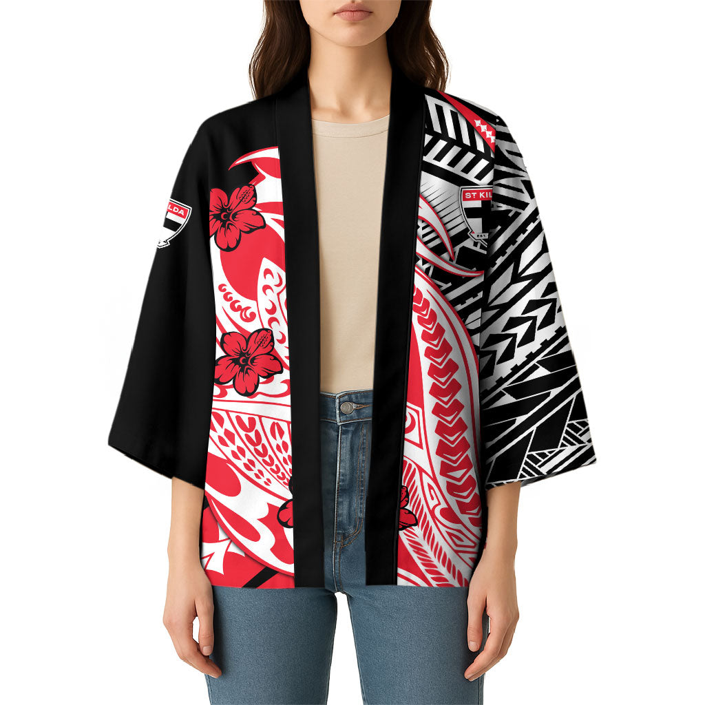 Personalized St Kilda Saints Kimono Polynesian Tribal Saint Mascot With Hibiscus Floral Art