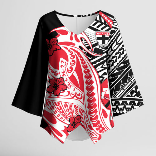 Personalized St Kilda Saints Kimono Sleeve Blouse Polynesian Tribal Saint Mascot With Hibiscus Floral Art