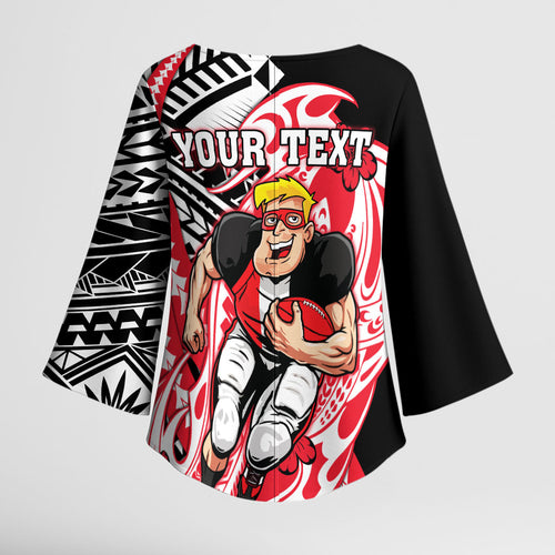 Personalized St Kilda Saints Kimono Sleeve Blouse Polynesian Tribal Saint Mascot With Hibiscus Floral Art