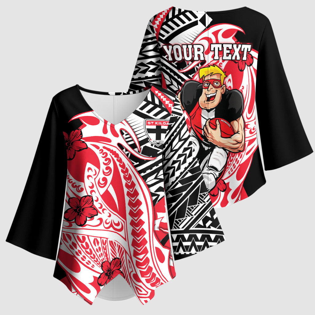 Personalized St Kilda Saints Kimono Sleeve Blouse Polynesian Tribal Saint Mascot With Hibiscus Floral Art