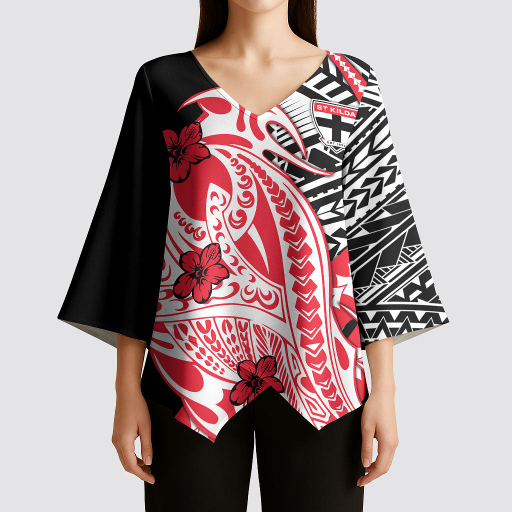 Personalized St Kilda Saints Kimono Sleeve Blouse Polynesian Tribal Saint Mascot With Hibiscus Floral Art