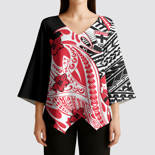 Personalized St Kilda Saints Kimono Sleeve Blouse Polynesian Tribal Saint Mascot With Hibiscus Floral Art