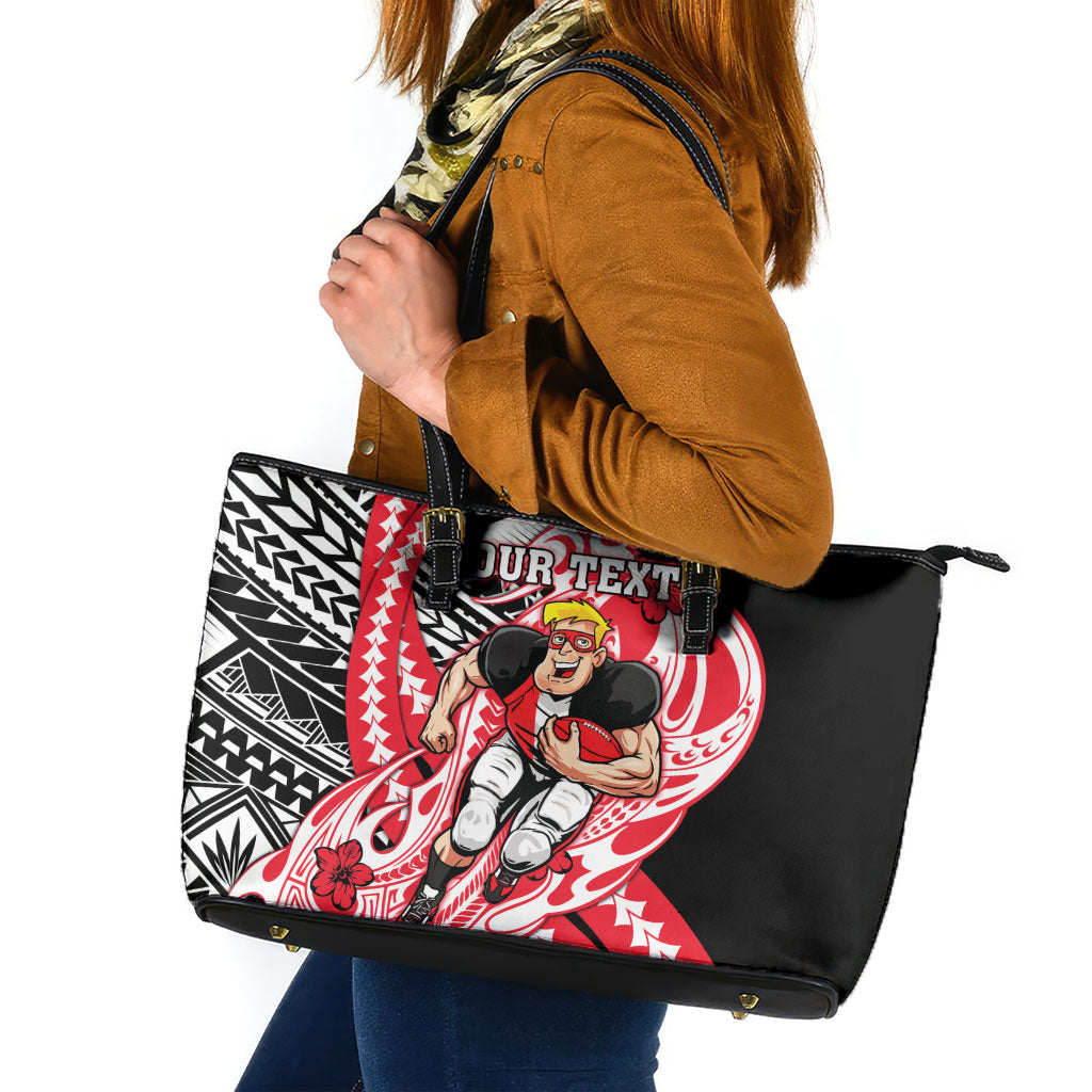Personalized St Kilda Saints Leather Tote Bag Polynesian Tribal Saint Mascot With Hibiscus Floral Art