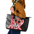 Personalized St Kilda Saints Leather Tote Bag Polynesian Tribal Saint Mascot With Hibiscus Floral Art