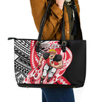 Personalized St Kilda Saints Leather Tote Bag Polynesian Tribal Saint Mascot With Hibiscus Floral Art