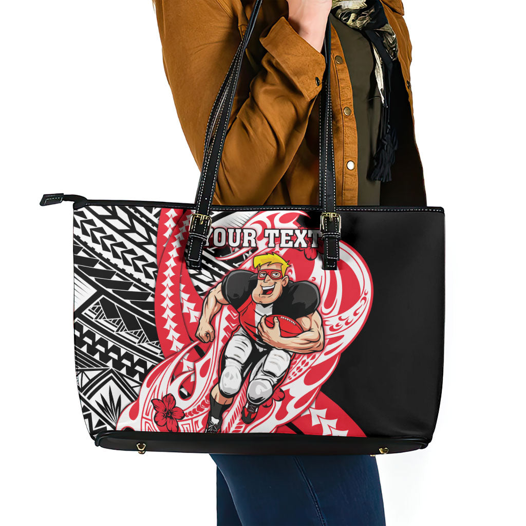 Personalized St Kilda Saints Leather Tote Bag Polynesian Tribal Saint Mascot With Hibiscus Floral Art