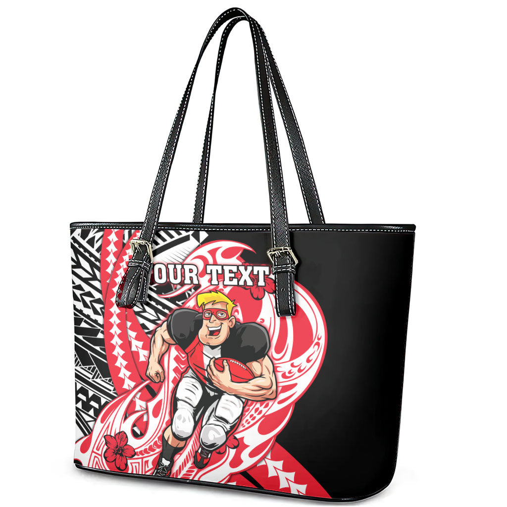 Personalized St Kilda Saints Leather Tote Bag Polynesian Tribal Saint Mascot With Hibiscus Floral Art