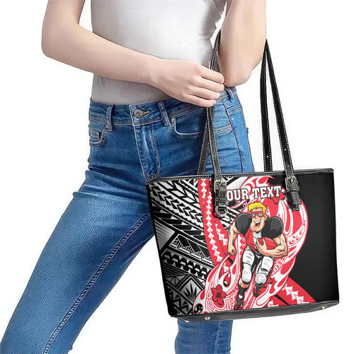 Personalized St Kilda Saints Leather Tote Bag Polynesian Tribal Saint Mascot With Hibiscus Floral Art