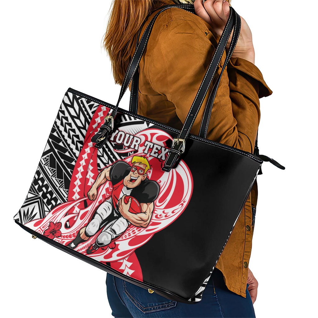 Personalized St Kilda Saints Leather Tote Bag Polynesian Tribal Saint Mascot With Hibiscus Floral Art