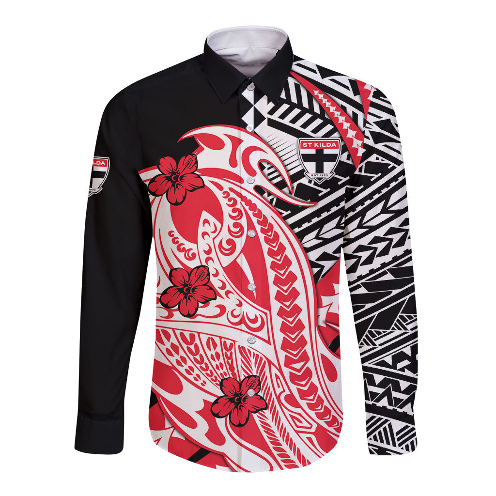 Personalized St Kilda Saints Long Sleeve Button Shirt Polynesian Tribal Saint Mascot With Hibiscus Floral Art