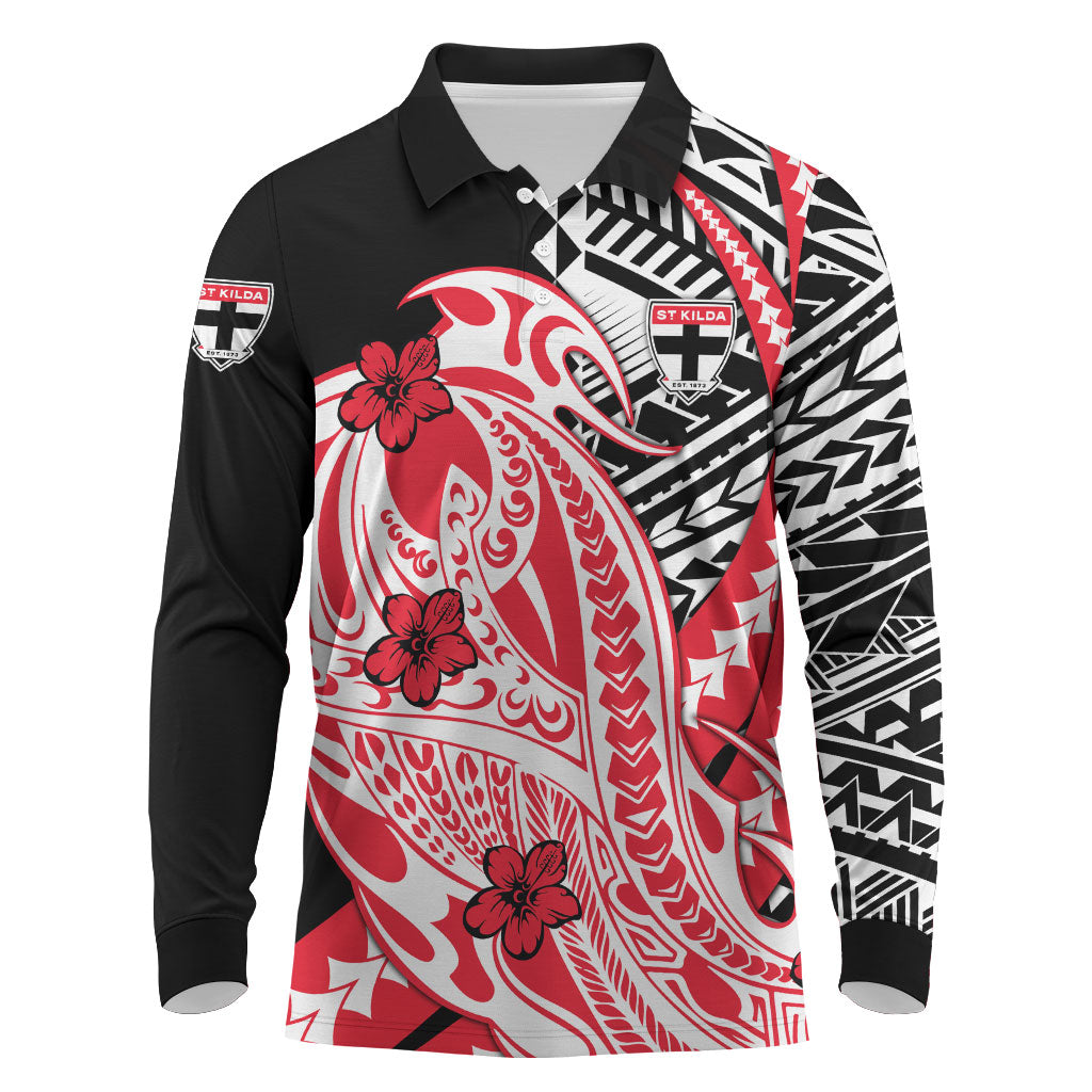 Personalized St Kilda Saints Long Sleeve Polo Shirt Polynesian Tribal Saint Mascot With Hibiscus Floral Art