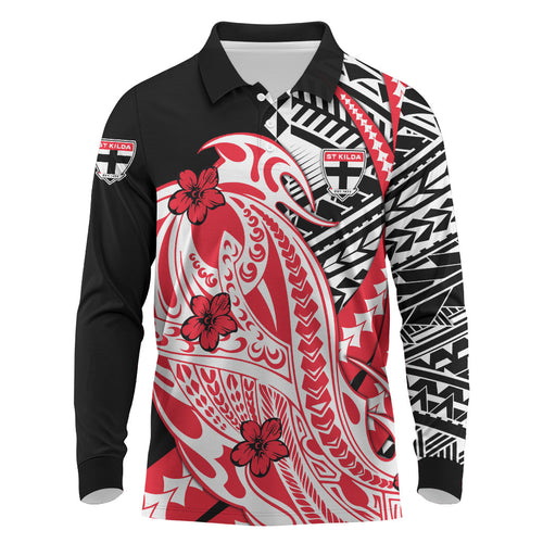 Personalized St Kilda Saints Long Sleeve Polo Shirt Polynesian Tribal Saint Mascot With Hibiscus Floral Art