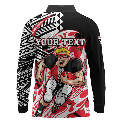 Personalized St Kilda Saints Long Sleeve Polo Shirt Polynesian Tribal Saint Mascot With Hibiscus Floral Art