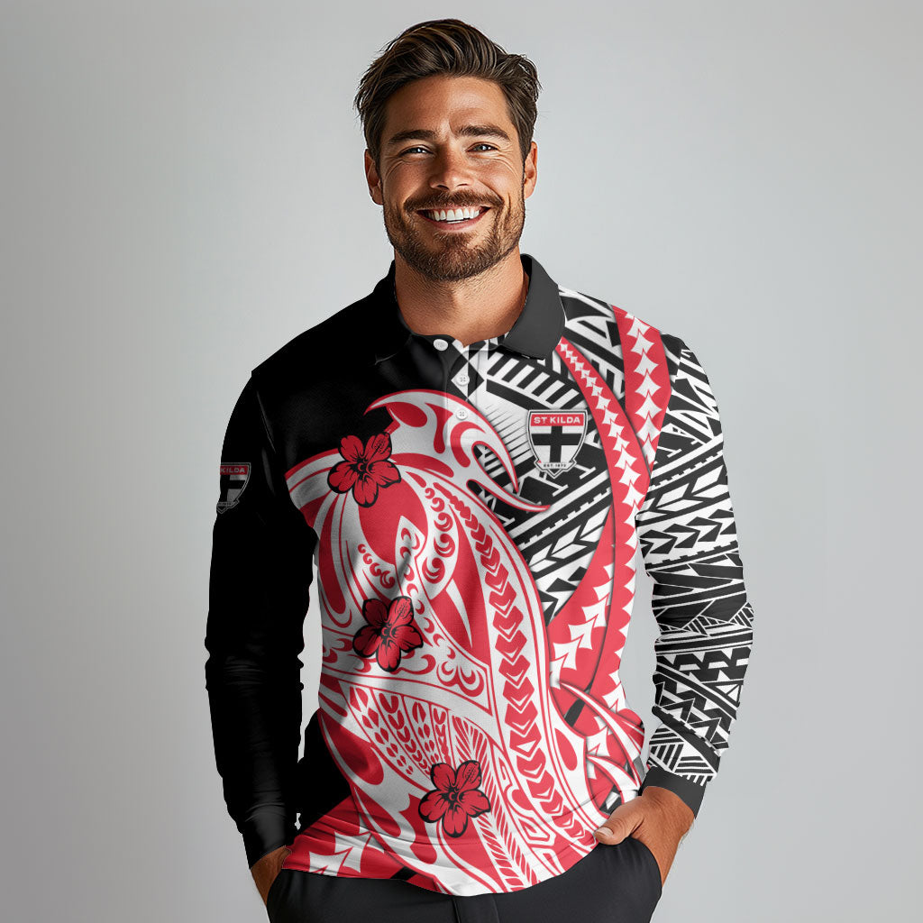 Personalized St Kilda Saints Long Sleeve Polo Shirt Polynesian Tribal Saint Mascot With Hibiscus Floral Art