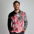 Personalized St Kilda Saints Long Sleeve Polo Shirt Polynesian Tribal Saint Mascot With Hibiscus Floral Art
