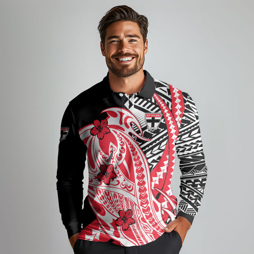 Personalized St Kilda Saints Long Sleeve Polo Shirt Polynesian Tribal Saint Mascot With Hibiscus Floral Art
