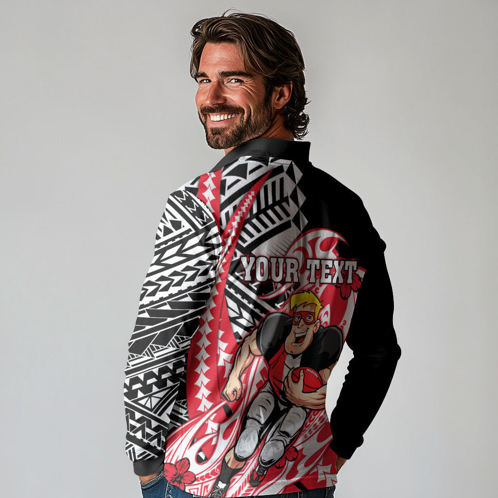 Personalized St Kilda Saints Long Sleeve Polo Shirt Polynesian Tribal Saint Mascot With Hibiscus Floral Art