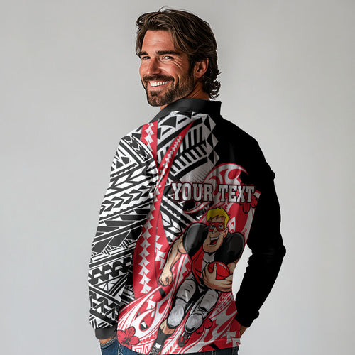 Personalized St Kilda Saints Long Sleeve Polo Shirt Polynesian Tribal Saint Mascot With Hibiscus Floral Art