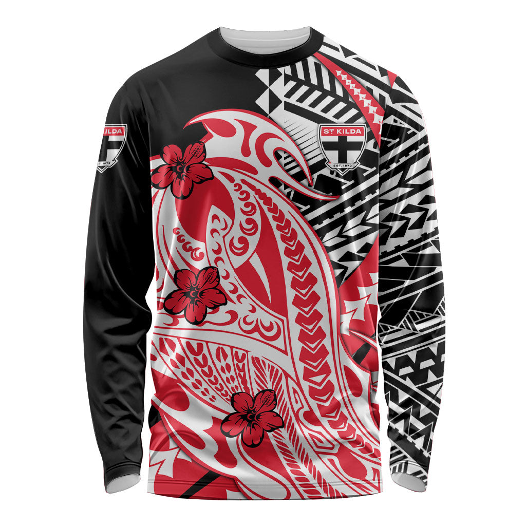 Personalized St Kilda Saints Long Sleeve Shirt Polynesian Tribal Saint Mascot With Hibiscus Floral Art