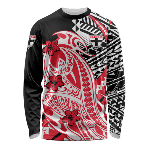 Personalized St Kilda Saints Long Sleeve Shirt Polynesian Tribal Saint Mascot With Hibiscus Floral Art