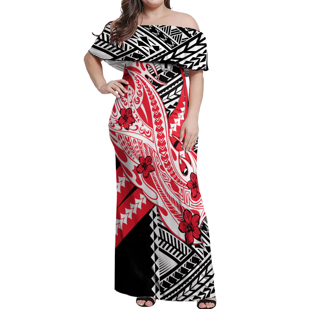 Personalized St Kilda Saints Off Shoulder Maxi Dress Polynesian Tribal Saint Mascot With Hibiscus Floral Art