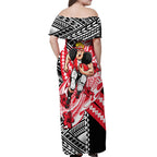 Personalized St Kilda Saints Off Shoulder Maxi Dress Polynesian Tribal Saint Mascot With Hibiscus Floral Art