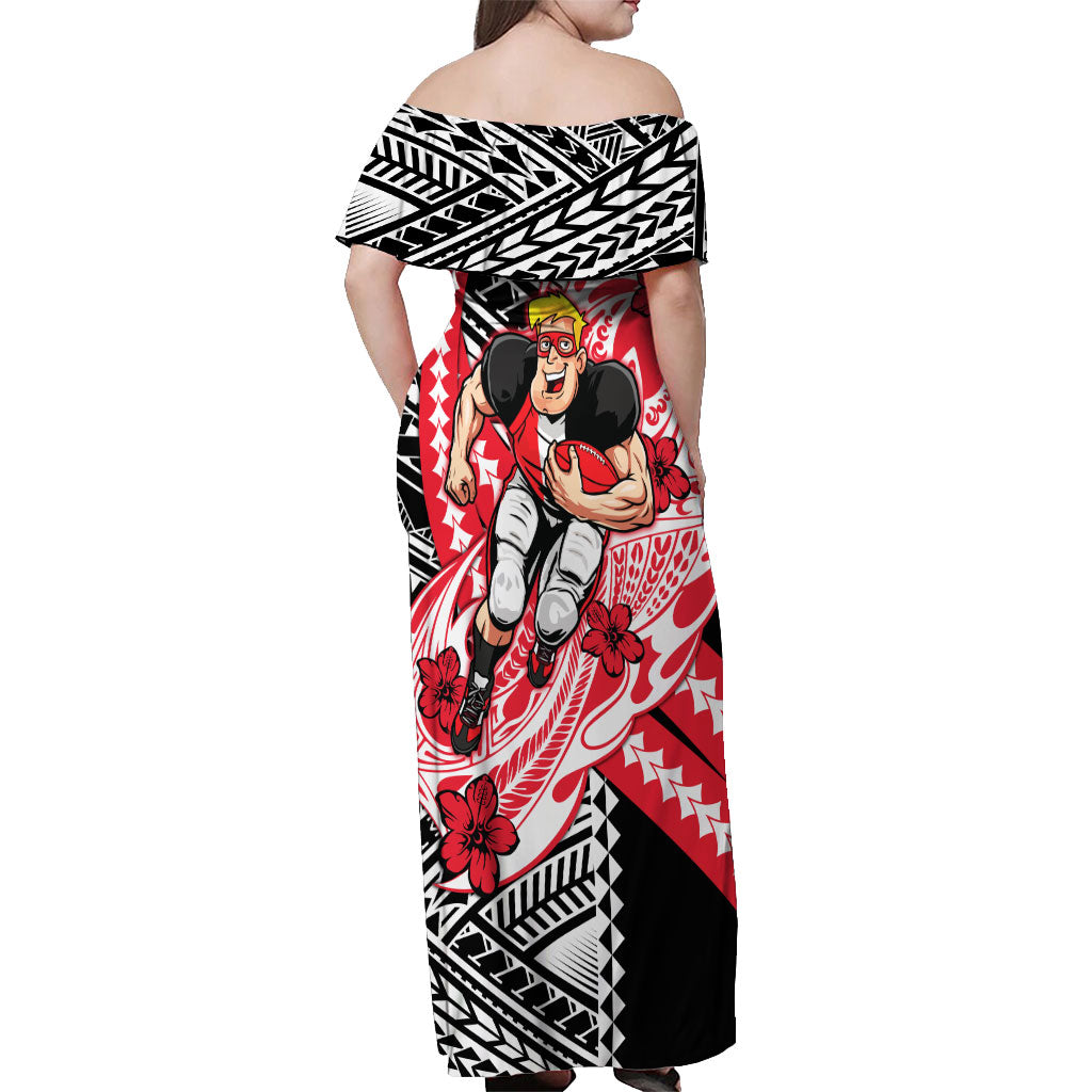 Personalized St Kilda Saints Off Shoulder Maxi Dress Polynesian Tribal Saint Mascot With Hibiscus Floral Art