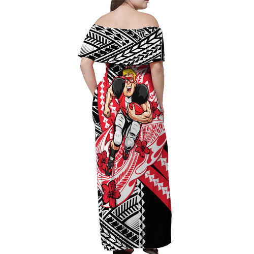Personalized St Kilda Saints Off Shoulder Maxi Dress Polynesian Tribal Saint Mascot With Hibiscus Floral Art