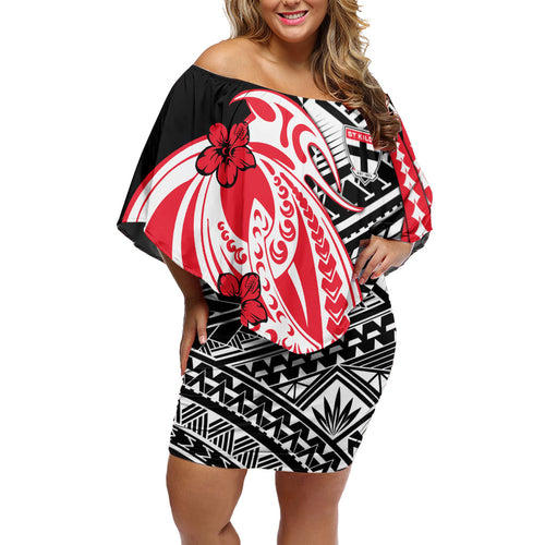 Personalized St Kilda Saints Off Shoulder Short Dress Polynesian Tribal Saint Mascot With Hibiscus Floral Art
