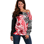 Personalized St Kilda Saints Off Shoulder Sweater Polynesian Tribal Saint Mascot With Hibiscus Floral Art