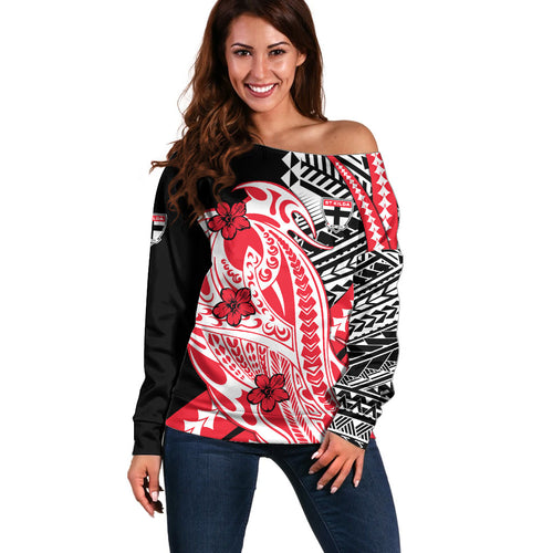 Personalized St Kilda Saints Off Shoulder Sweater Polynesian Tribal Saint Mascot With Hibiscus Floral Art