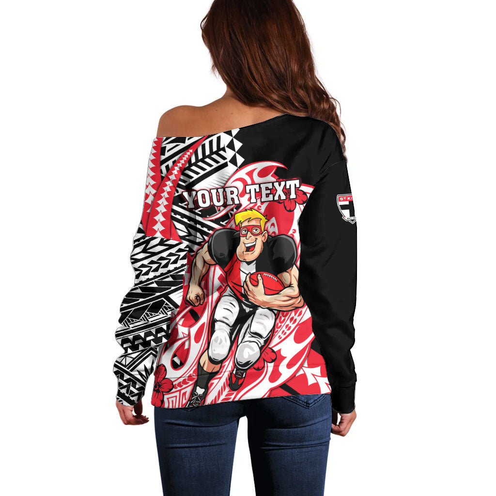 Personalized St Kilda Saints Off Shoulder Sweater Polynesian Tribal Saint Mascot With Hibiscus Floral Art