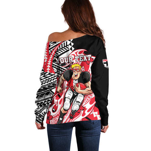 Personalized St Kilda Saints Off Shoulder Sweater Polynesian Tribal Saint Mascot With Hibiscus Floral Art