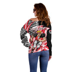 Personalized St Kilda Saints Off Shoulder Sweater Polynesian Tribal Saint Mascot With Hibiscus Floral Art