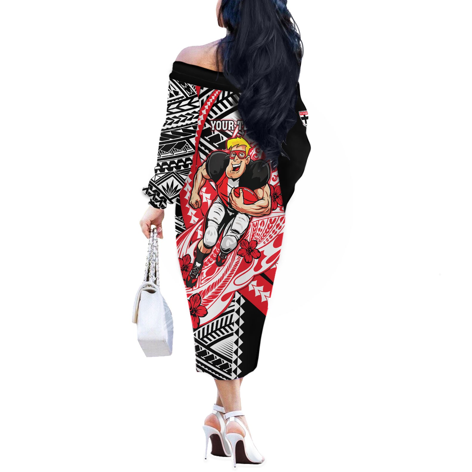 Personalized St Kilda Saints Off The Shoulder Long Sleeve Dress Polynesian Tribal Saint Mascot With Hibiscus Floral Art