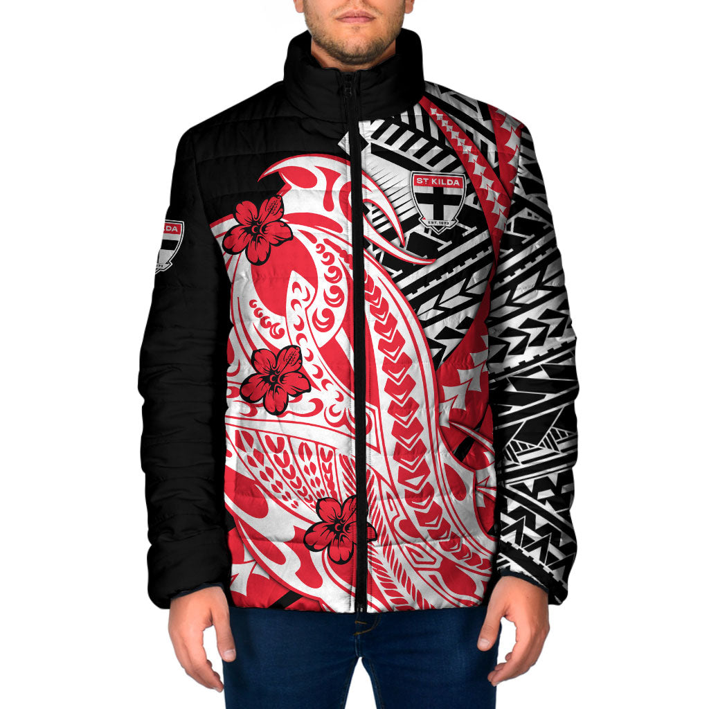 Personalized St Kilda Saints Padded Jacket Polynesian Tribal Saint Mascot With Hibiscus Floral Art
