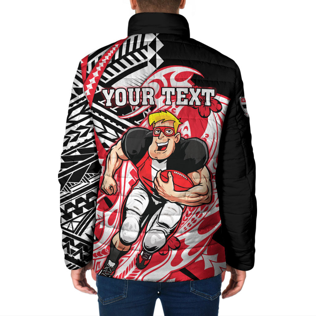 Personalized St Kilda Saints Padded Jacket Polynesian Tribal Saint Mascot With Hibiscus Floral Art