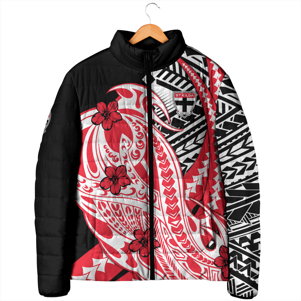 Personalized St Kilda Saints Padded Jacket Polynesian Tribal Saint Mascot With Hibiscus Floral Art